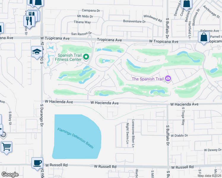 map of restaurants, bars, coffee shops, grocery stores, and more near 8185 Round Hills Circle in Las Vegas