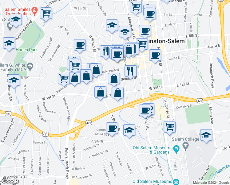 map of restaurants, bars, coffee shops, grocery stores, and more near 102 Shady Boulevard Northwest in Winston-Salem