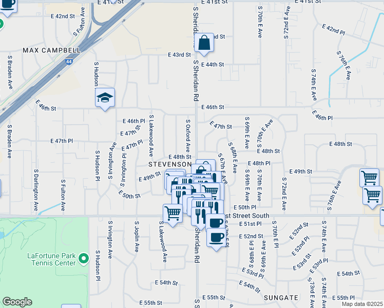map of restaurants, bars, coffee shops, grocery stores, and more near 4664 South Oxford Avenue in Tulsa
