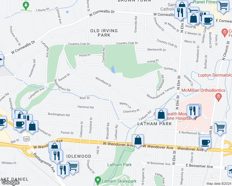 map of restaurants, bars, coffee shops, grocery stores, and more near 537 Woodland Drive in Greensboro
