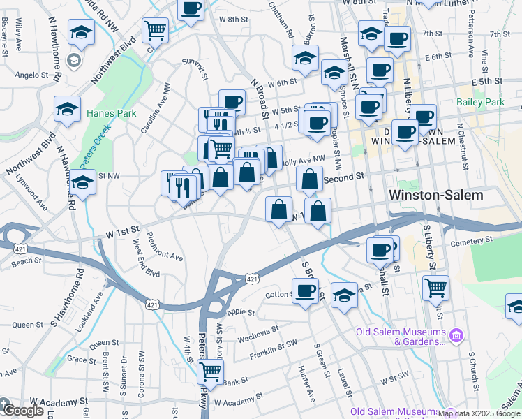 map of restaurants, bars, coffee shops, grocery stores, and more near 101-199 North Green Street in Winston-Salem