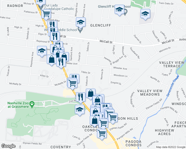 map of restaurants, bars, coffee shops, grocery stores, and more near 3691 Tibbs Court in Nashville