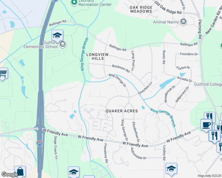 map of restaurants, bars, coffee shops, grocery stores, and more near 518 Gretchen Court in Greensboro