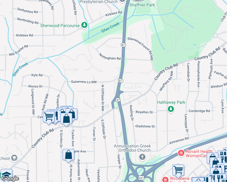 map of restaurants, bars, coffee shops, grocery stores, and more near 229 Guinevere Court in Winston-Salem
