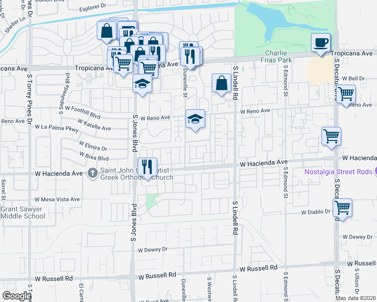 map of restaurants, bars, coffee shops, grocery stores, and more near 5237 Steinbrenner Lane in Las Vegas