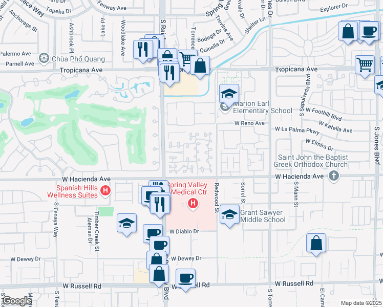 map of restaurants, bars, coffee shops, grocery stores, and more near 5250 South Rainbow Boulevard in Las Vegas
