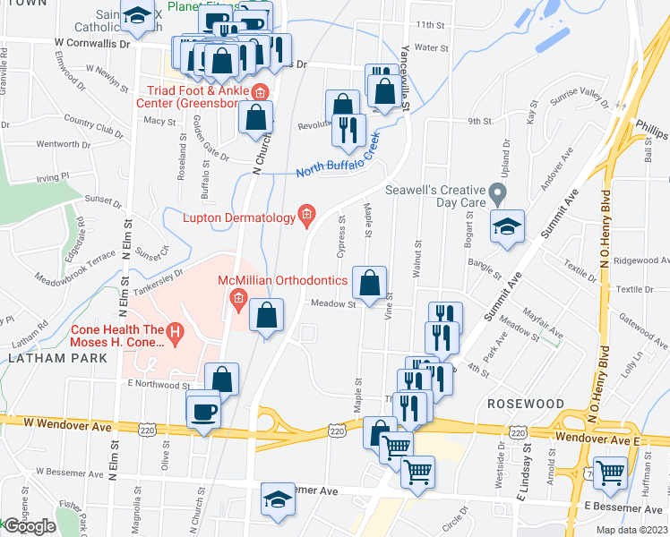 map of restaurants, bars, coffee shops, grocery stores, and more near 1313 Cypress Street in Greensboro