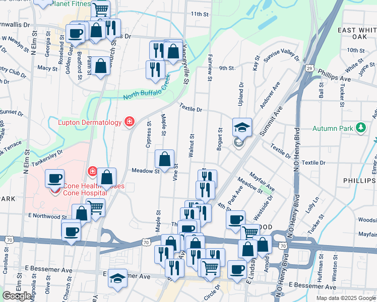 map of restaurants, bars, coffee shops, grocery stores, and more near 1315 Walnut Street in Greensboro