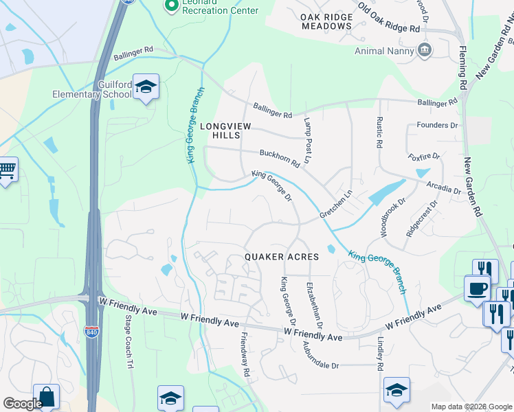 map of restaurants, bars, coffee shops, grocery stores, and more near 518 Gretchen Court in Greensboro