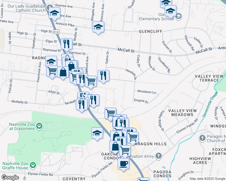 map of restaurants, bars, coffee shops, grocery stores, and more near 3691 Tibbs Court in Nashville