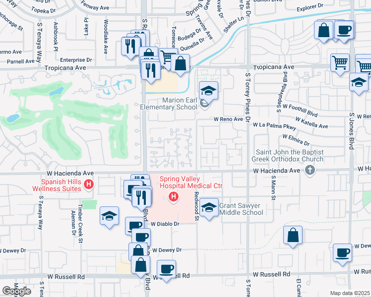 map of restaurants, bars, coffee shops, grocery stores, and more near 5250 South Rainbow Boulevard in Las Vegas