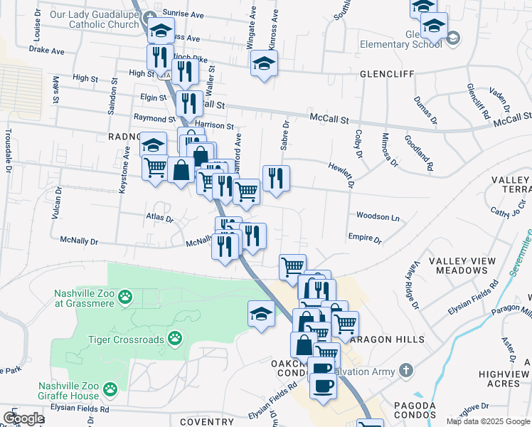 map of restaurants, bars, coffee shops, grocery stores, and more near 3695 Tibbs Drive in Nashville