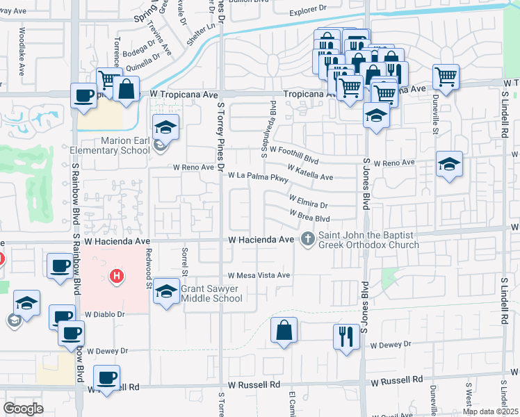 map of restaurants, bars, coffee shops, grocery stores, and more near 5195 South Sepulveda Boulevard in Las Vegas