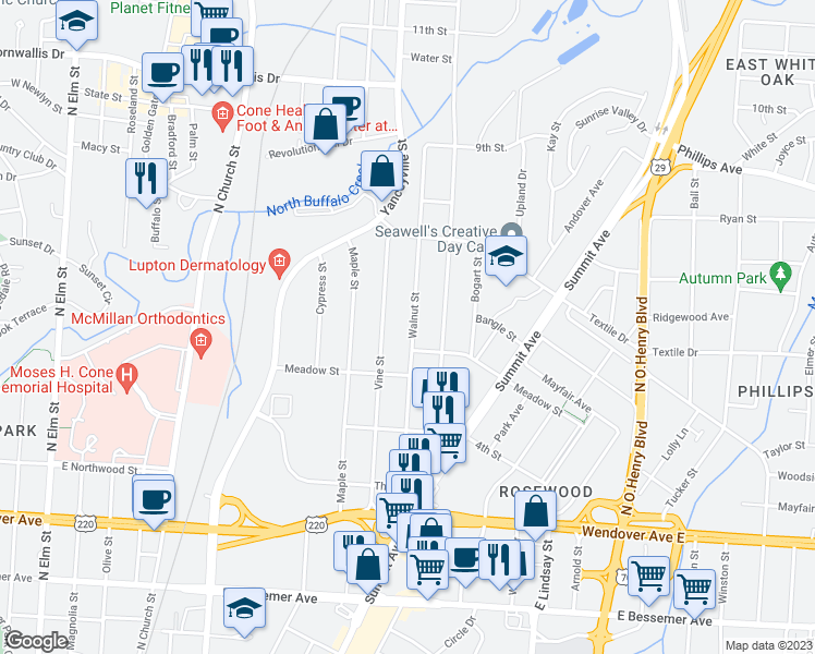 map of restaurants, bars, coffee shops, grocery stores, and more near 1315 Walnut Street in Greensboro