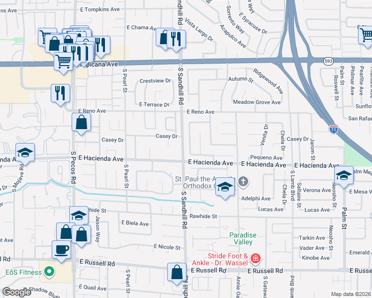 map of restaurants, bars, coffee shops, grocery stores, and more near 5231 South Sandhill Road in Las Vegas
