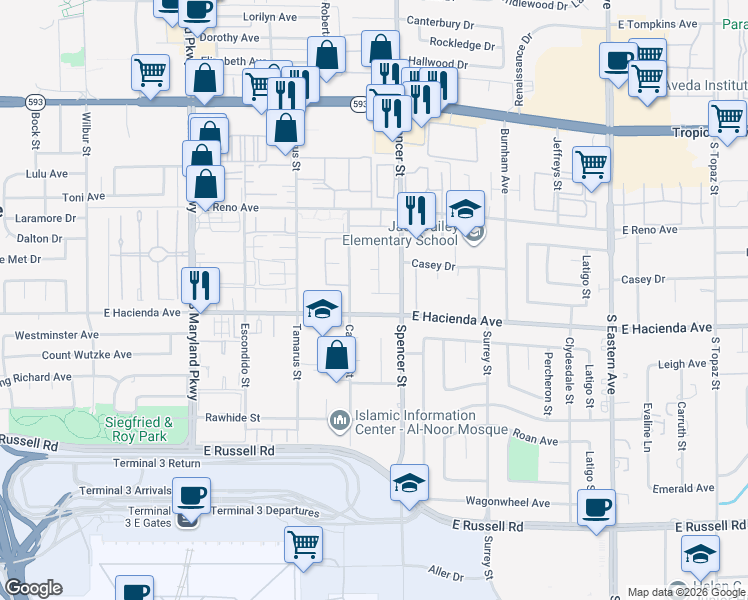 map of restaurants, bars, coffee shops, grocery stores, and more near 1688 Mapleton Lane in Las Vegas