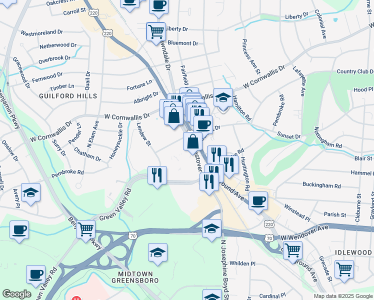 map of restaurants, bars, coffee shops, grocery stores, and more near 1511 Westover Terrace in Greensboro