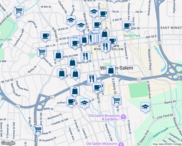 map of restaurants, bars, coffee shops, grocery stores, and more near 102 North Spruce Street in Winston-Salem