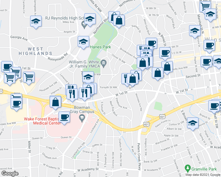 map of restaurants, bars, coffee shops, grocery stores, and more near 814 West End Boulevard in Winston-Salem