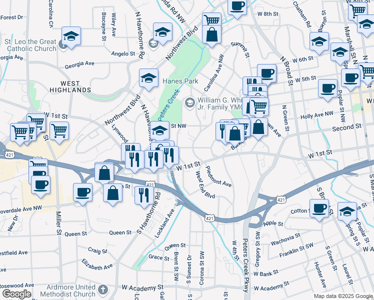 map of restaurants, bars, coffee shops, grocery stores, and more near in Winston-Salem