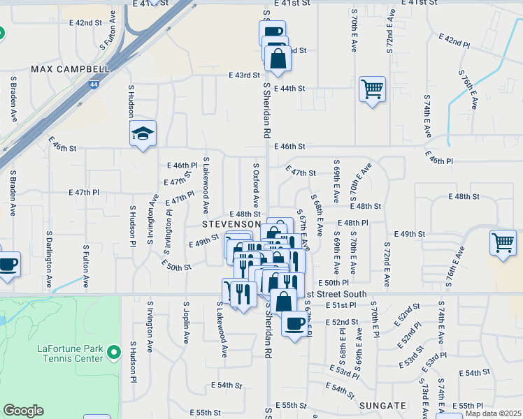 map of restaurants, bars, coffee shops, grocery stores, and more near 4664 South Oxford Avenue in Tulsa