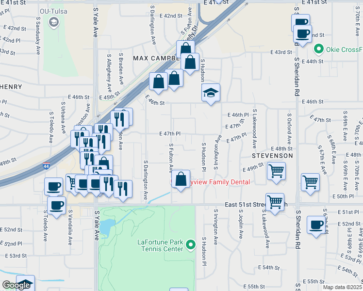 map of restaurants, bars, coffee shops, grocery stores, and more near 4722 South Fulton Court in Tulsa