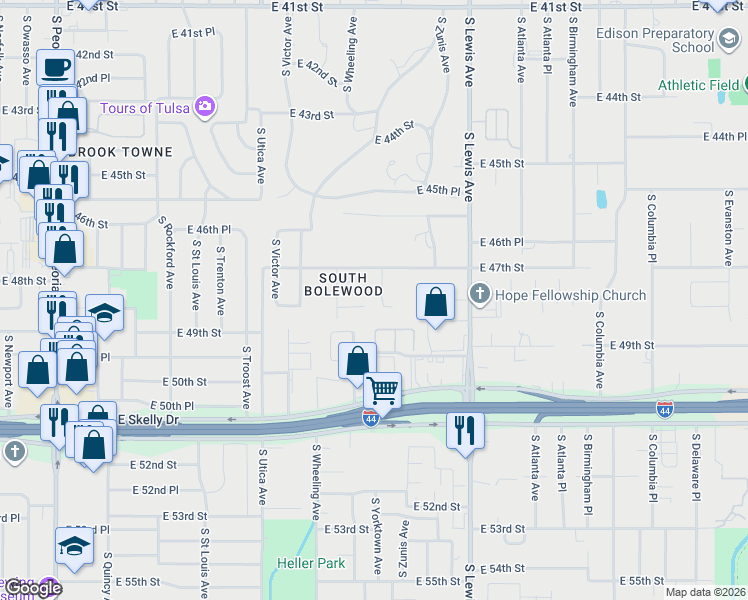 map of restaurants, bars, coffee shops, grocery stores, and more near 2122 East 47th Place in Tulsa