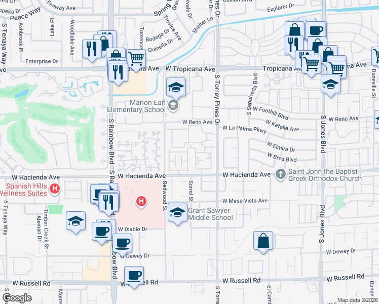 map of restaurants, bars, coffee shops, grocery stores, and more near 5212 Shasta Lake Way in Las Vegas