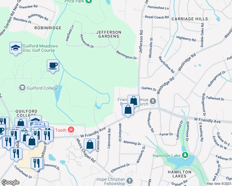 map of restaurants, bars, coffee shops, grocery stores, and more near 827 Larkwood Drive in Greensboro