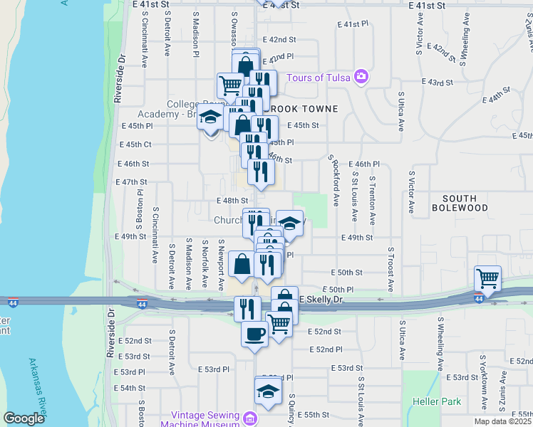 map of restaurants, bars, coffee shops, grocery stores, and more near 1340 East 48th Place in Tulsa
