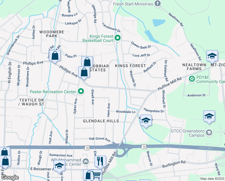 map of restaurants, bars, coffee shops, grocery stores, and more near in Greensboro