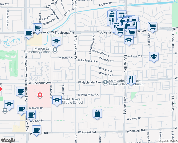 map of restaurants, bars, coffee shops, grocery stores, and more near 5195 South Sepulveda Boulevard in Las Vegas