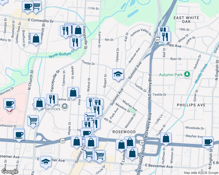 map of restaurants, bars, coffee shops, grocery stores, and more near 1307 Andover Avenue in Greensboro