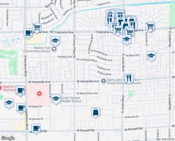 map of restaurants, bars, coffee shops, grocery stores, and more near 5195 South Sepulveda Boulevard in Las Vegas