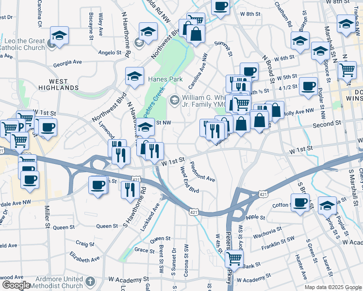 map of restaurants, bars, coffee shops, grocery stores, and more near 814 West End Boulevard in Winston-Salem