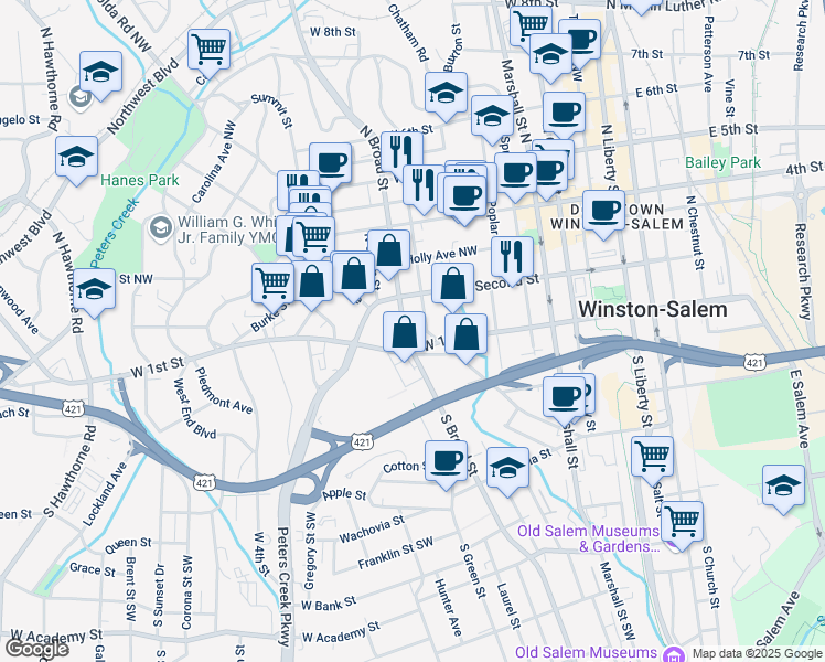 map of restaurants, bars, coffee shops, grocery stores, and more near 127 North Broad Street in Winston-Salem