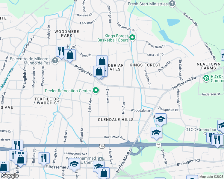 map of restaurants, bars, coffee shops, grocery stores, and more near 2610 Phillips Avenue in Greensboro