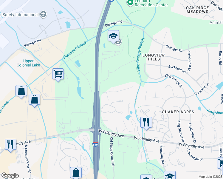 map of restaurants, bars, coffee shops, grocery stores, and more near 23 Holly Crest Court in Greensboro