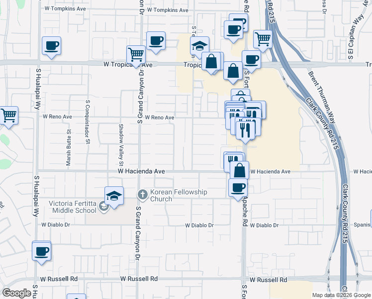map of restaurants, bars, coffee shops, grocery stores, and more near 5201 South Tee Pee Lane in Las Vegas
