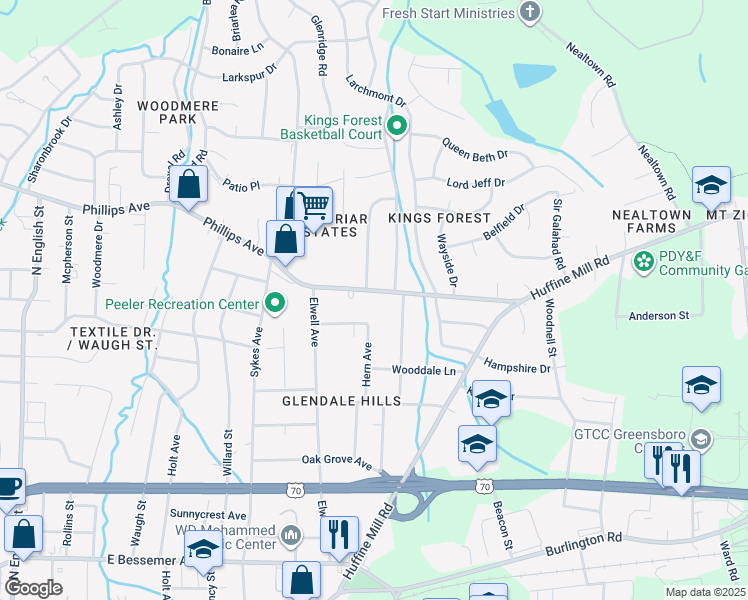 map of restaurants, bars, coffee shops, grocery stores, and more near in Greensboro