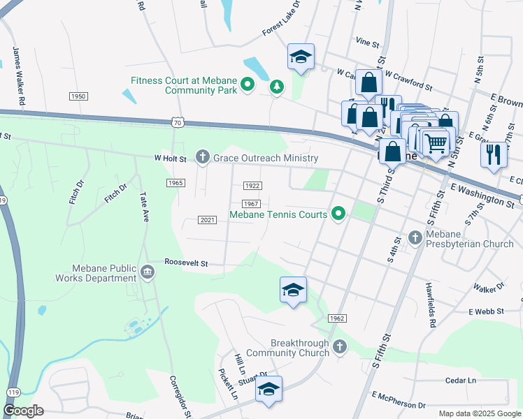 map of restaurants, bars, coffee shops, grocery stores, and more near 401 Cleveland Street in Mebane