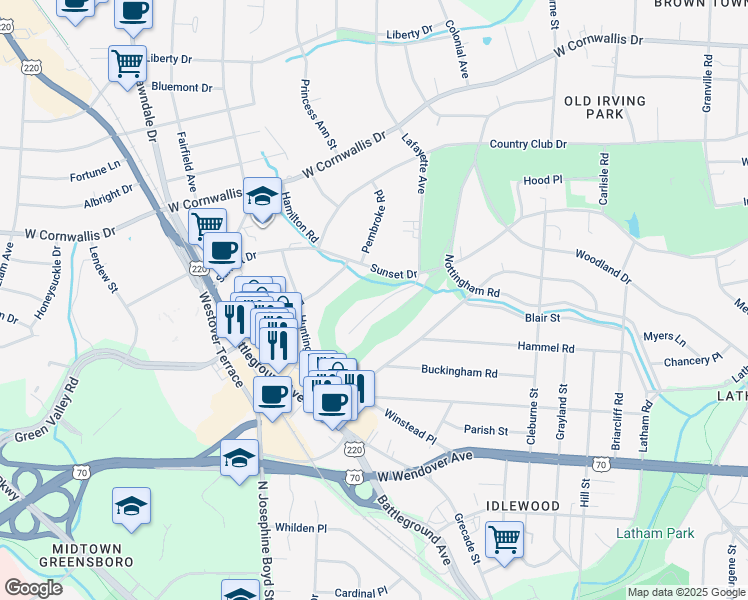 map of restaurants, bars, coffee shops, grocery stores, and more near 1911 Lafayette Avenue in Greensboro