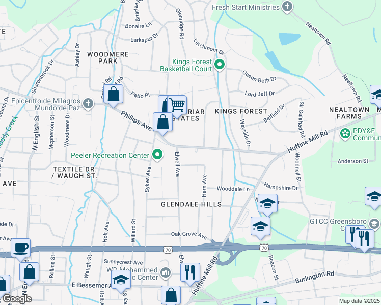 map of restaurants, bars, coffee shops, grocery stores, and more near 2610 Phillips Avenue in Greensboro