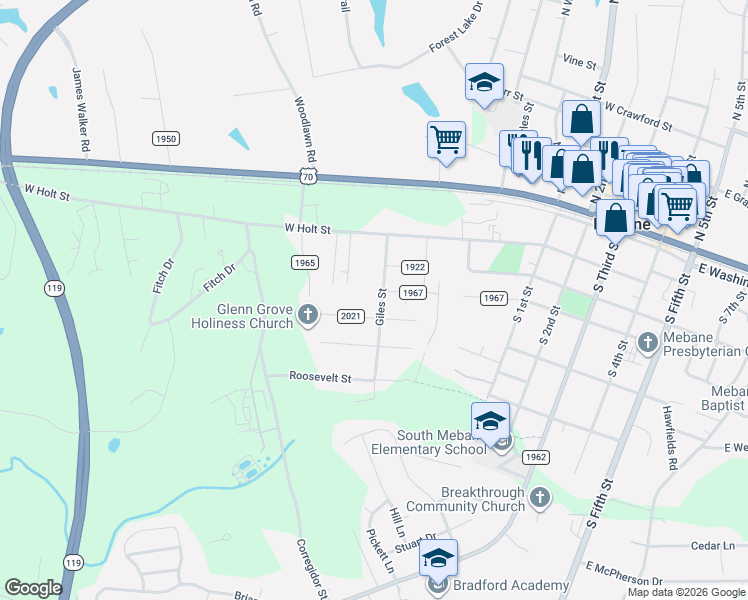 map of restaurants, bars, coffee shops, grocery stores, and more near 213 West Street in Mebane
