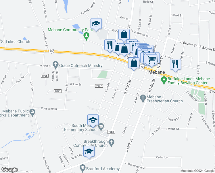 map of restaurants, bars, coffee shops, grocery stores, and more near 405 West Lee Street in Mebane