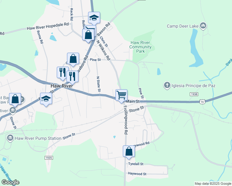 map of restaurants, bars, coffee shops, grocery stores, and more near 105 North Spray Place in Haw River