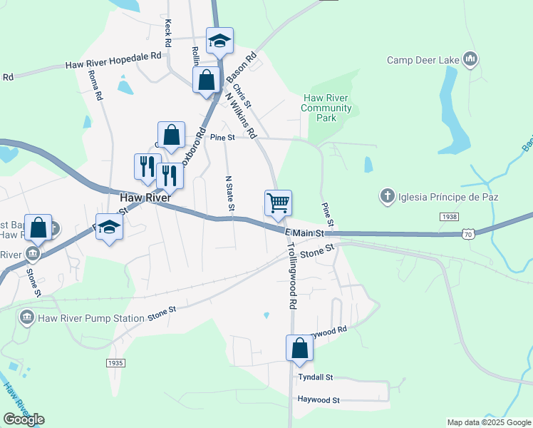 map of restaurants, bars, coffee shops, grocery stores, and more near 105 North Spray Place in Haw River