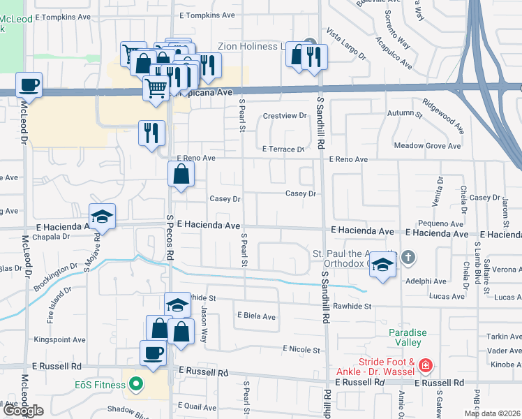 map of restaurants, bars, coffee shops, grocery stores, and more near 5248 Rambling Road in Las Vegas