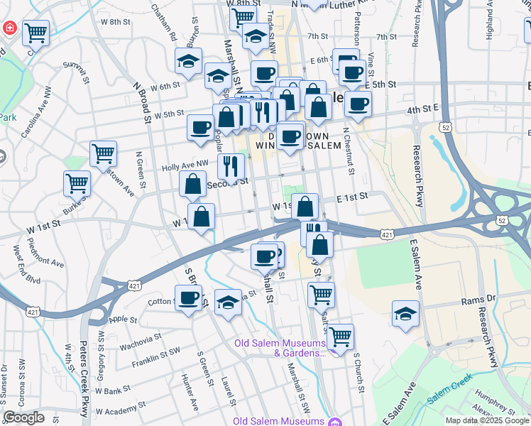 map of restaurants, bars, coffee shops, grocery stores, and more near 102 Cherry Street in Winston-Salem