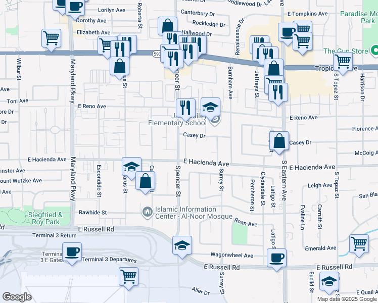 map of restaurants, bars, coffee shops, grocery stores, and more near 5260 Dickens Drive in Las Vegas